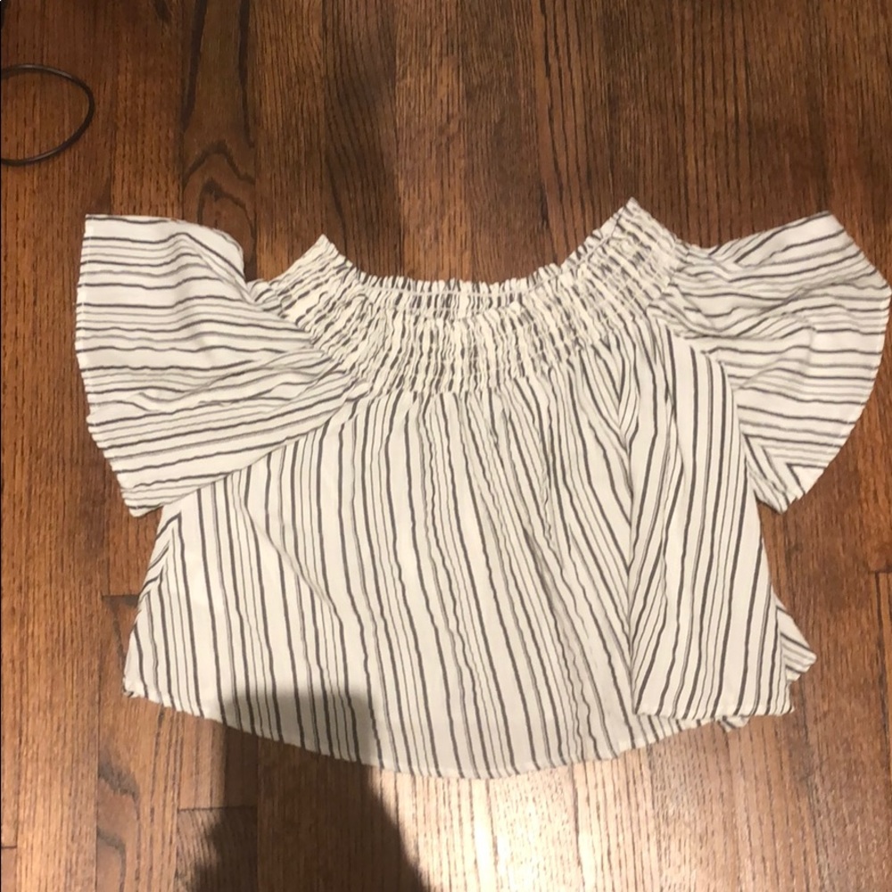Off the shoulder white and grey top
